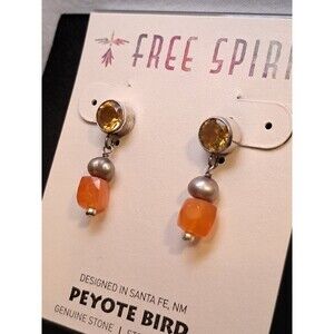 NEW Peyote Bird Orange Silver Gold Gemstone 0.75" Sterling Silver Stud Earring